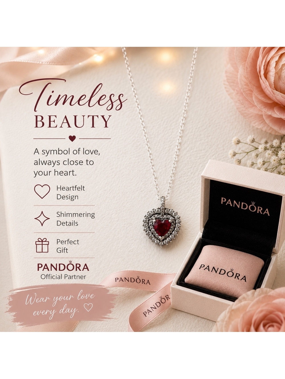PANDORA Elevated Red Heart Collier Necklace Sterling silver